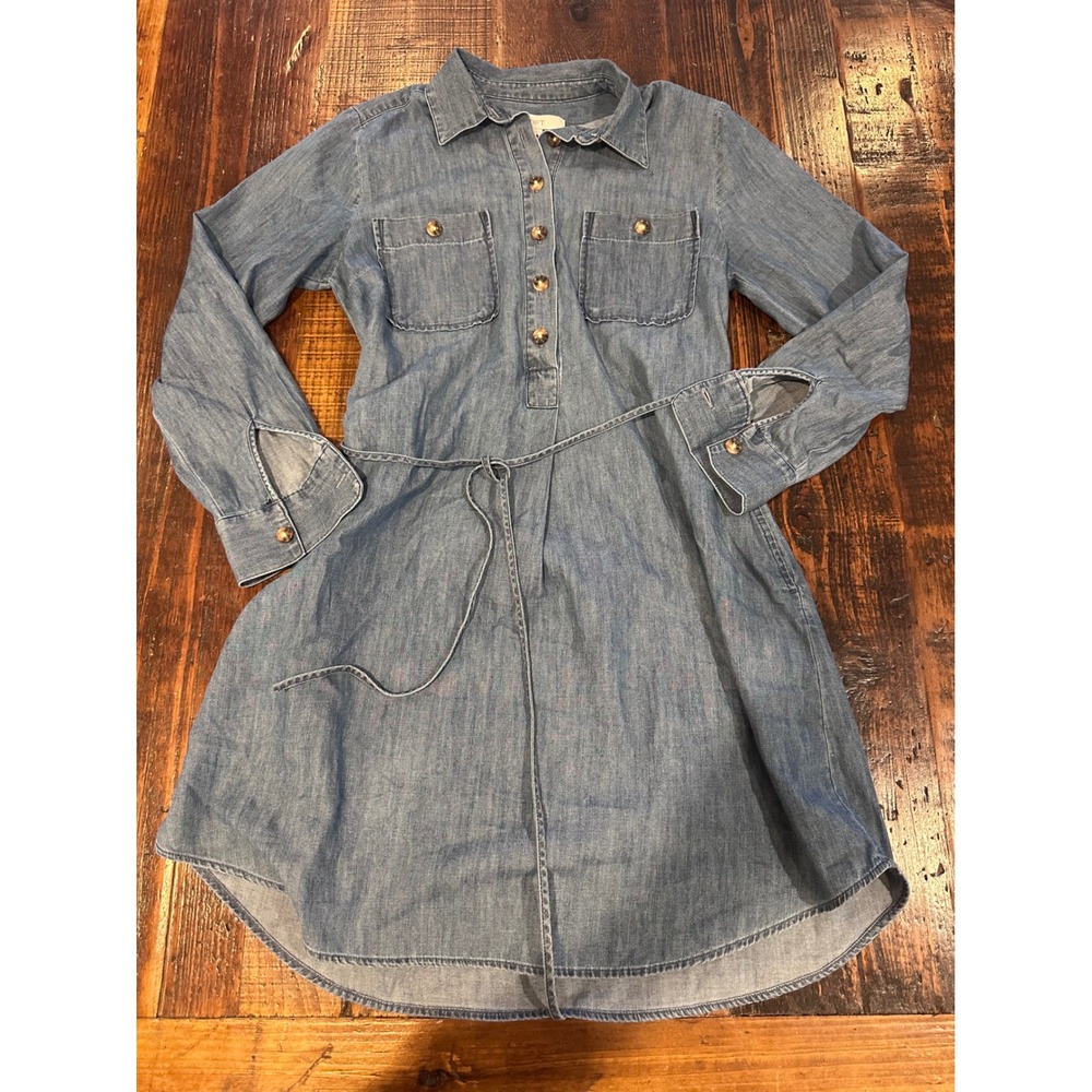 Loft Chambray Denim Shirt Dress Blue Long Sleeve Belted Mini Size S